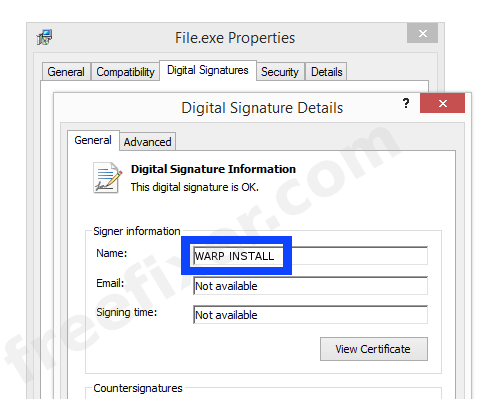 Screenshot of the WARP INSTALL certificate